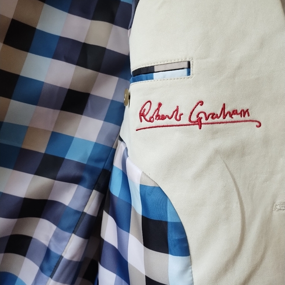 Robert Graham Men's Plaid Check Lined 2 Button Single Vent Khaki Blazer (42L) - Picture 7 of 10